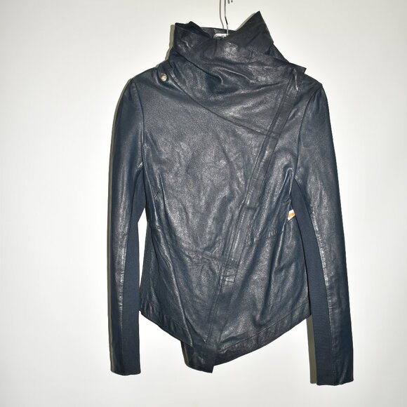 NEW $650 MUUBAA DRAP LAMB LEATHER JACKET ASYMMETRICAL PETROL BLUE SIZE 8 RARE!! - Picture 1 of 7